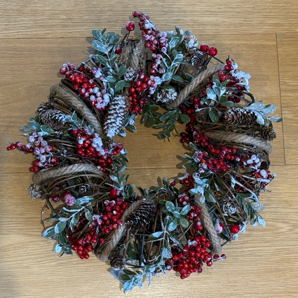 Christmas Wreath - Wire Wring with String Holly & Cones - Image 2
