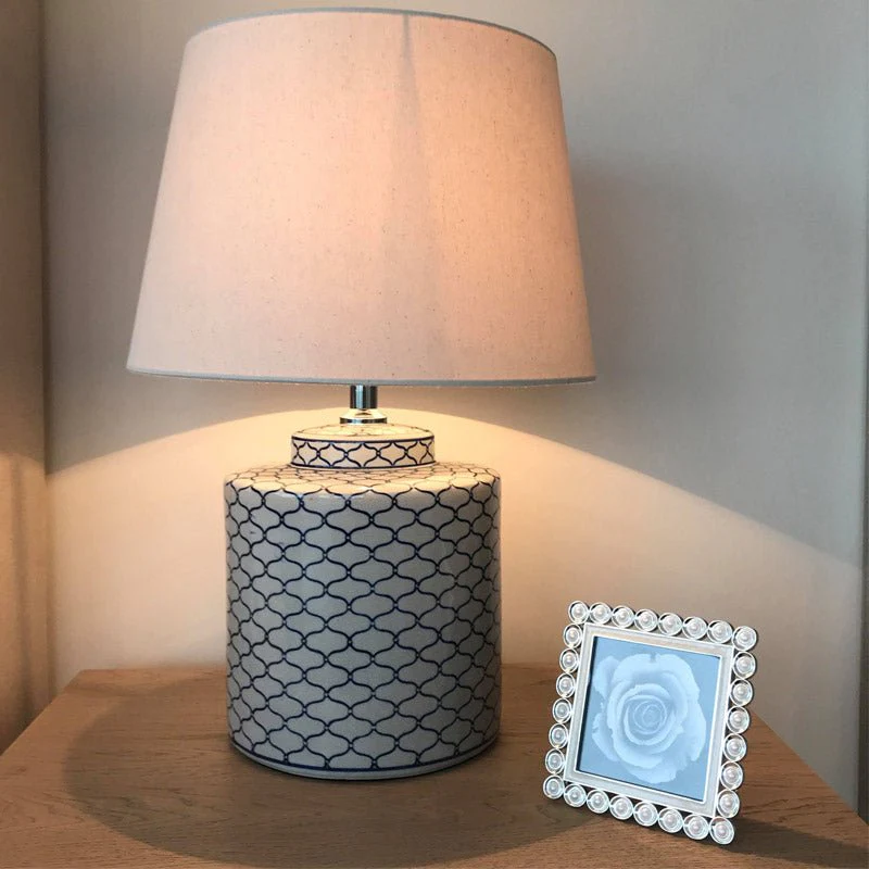Grey and Blue Detail Ceramic Table Lamp with Shade - Image 3