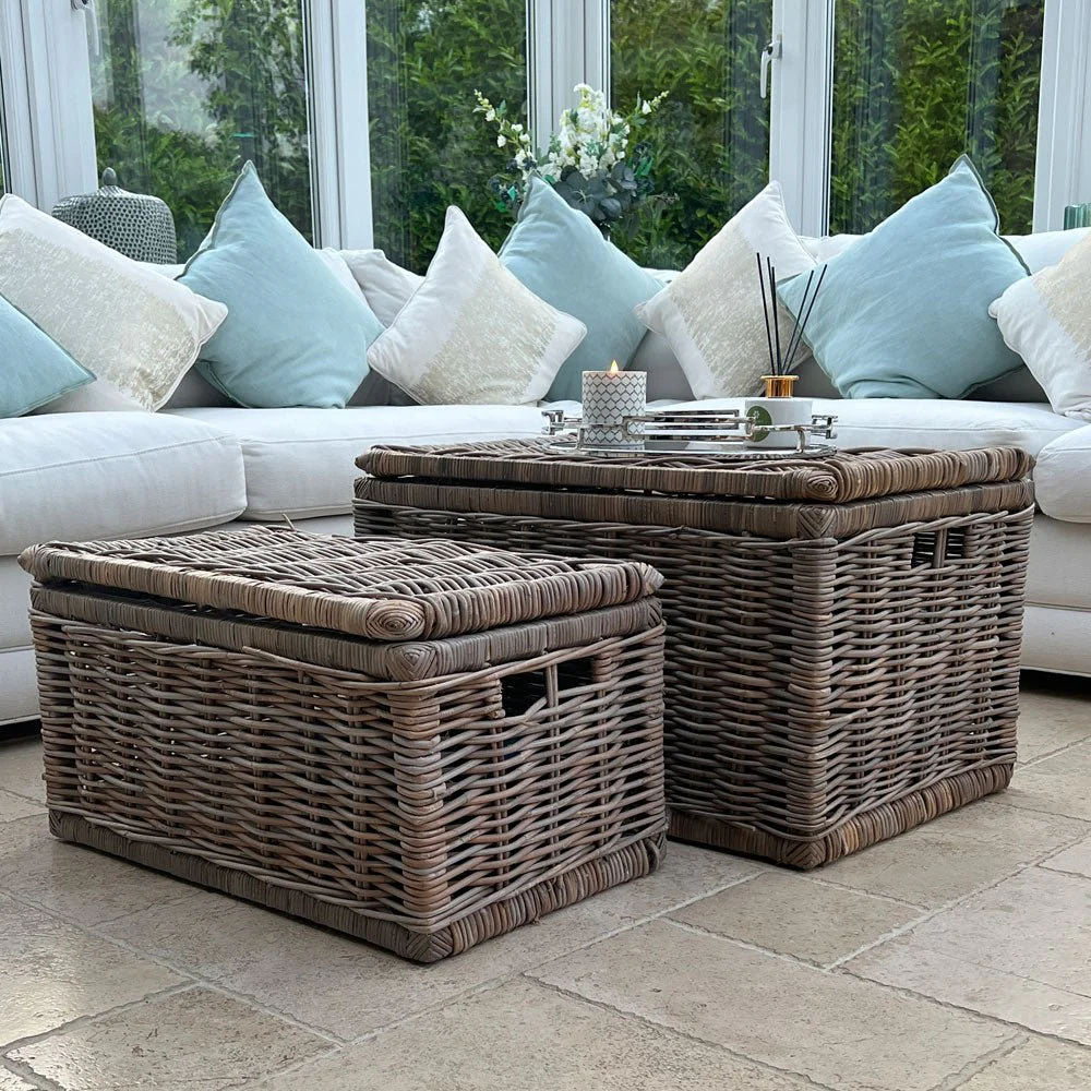 Grey Rectangle Wicker Lidded Storage Chests with Handles - Set of 2 - Image 5