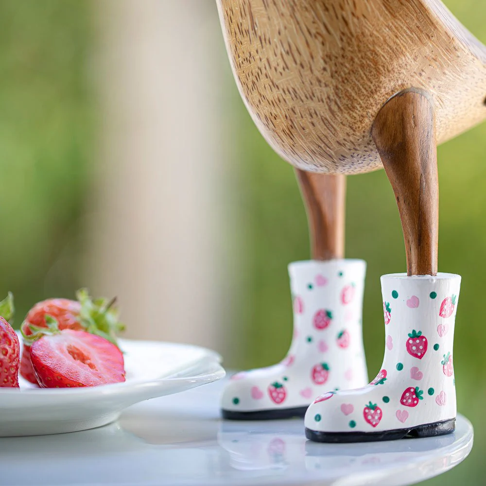 Large Wooden Duck in Welly Boots - Strawberry Print - Image 3