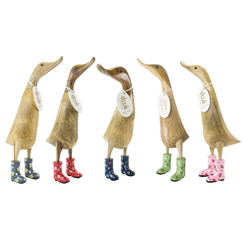 Large Wooden Duck in Floral Welly Boots - Grey - Image 4