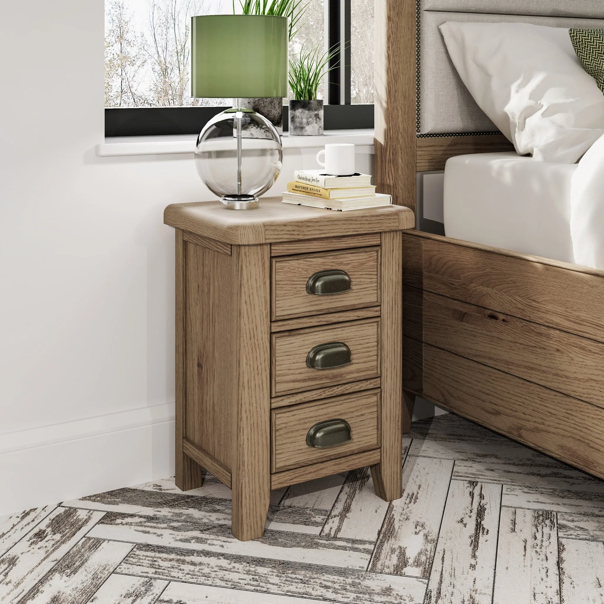 Rusper Oak 3 Drawer Bedside Table - Large - Image 6