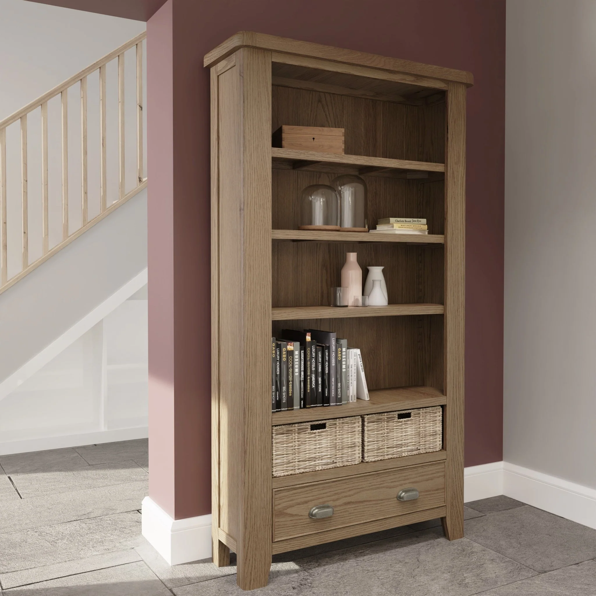 Rusper Oak Large Bookcase with Baskets