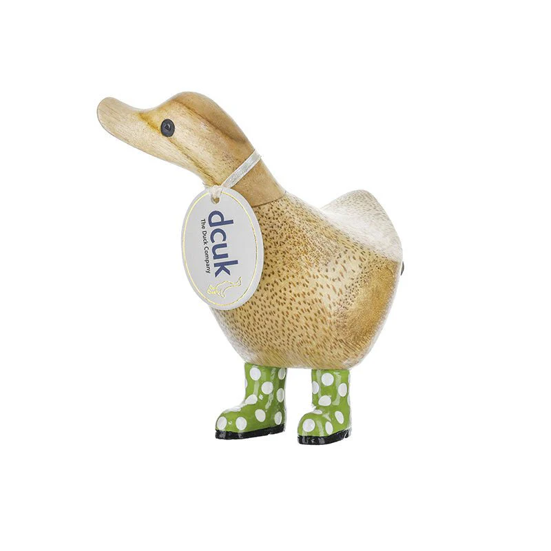 Wooden Ducky in Green and White Spotty Wellies