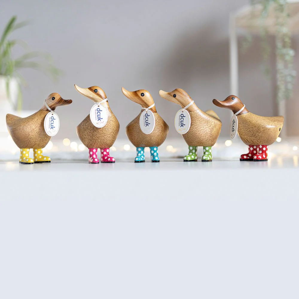 Wooden Ducky in Green and White Spotty Wellies - Image 6