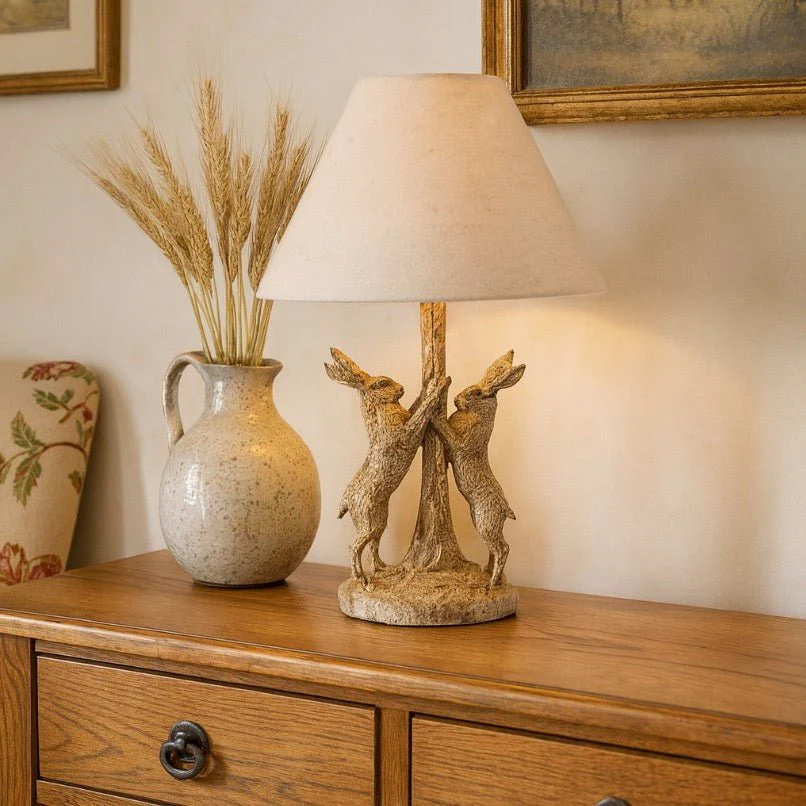 Stonewashed Marching Hares Lamp With Linen Shade