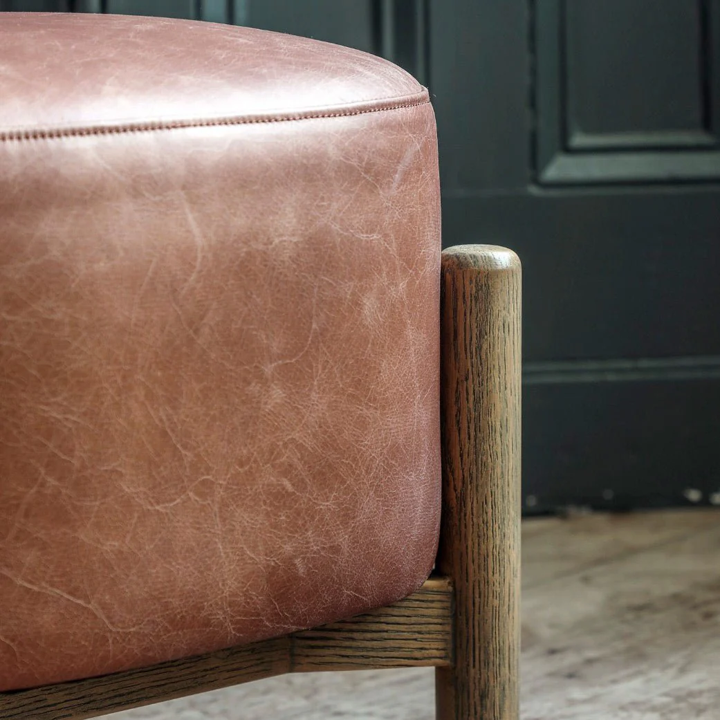 Tindon Round Footstool - Vintage Style Brown Leather - Image 3