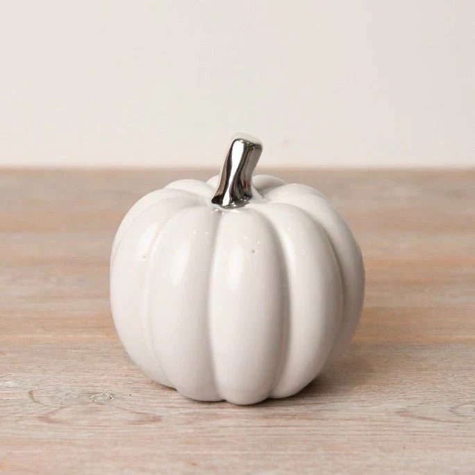 White Ceramic Pumpkin with Silver Stem - Small - Image 3
