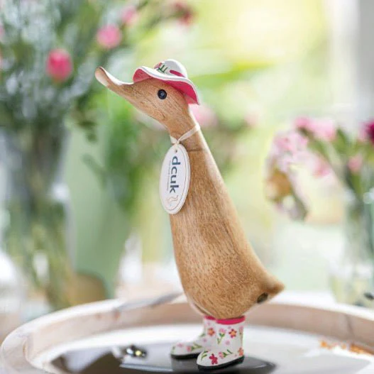 Wooden Duckling with Floral Hat & Welly Boots - Pink & White - Image 2