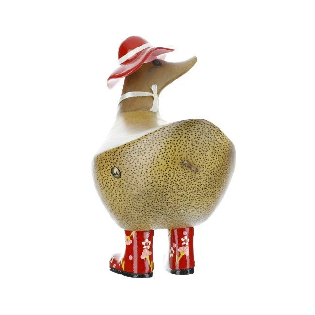 Wooden Ducky with Floral Hat & Welly Boots - Red - Image 4